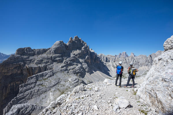 Sorapiss, Dolomites, Veneto, Italy. Short break with a view to the summit of the Punta Nera
