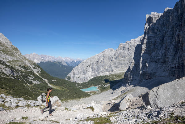 Sorapiss, Dolomites, Veneto, Italy. Descent to the Sorapiss lake