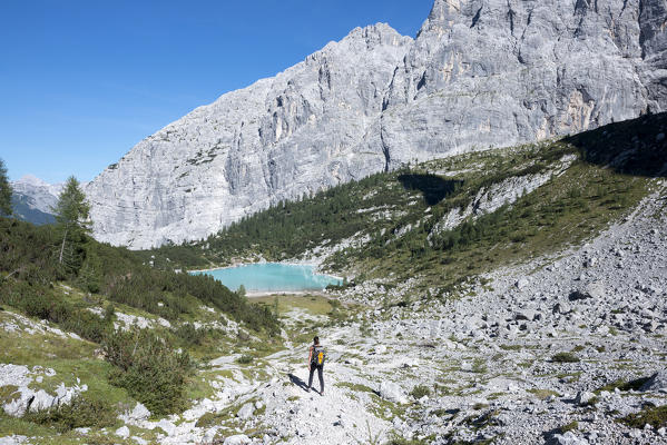 Sorapiss, Dolomites, Veneto, Italy. Descent to the Sorapiss lake
