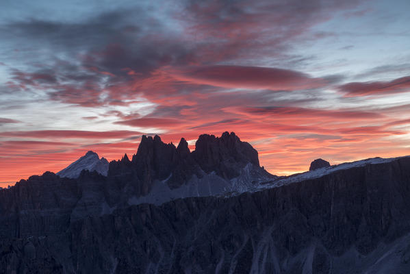 Ra Gusela, Dolomites, Veneto, Italy. Croda da Lago and Antelao just before sunrise.