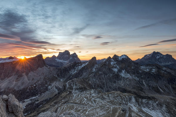 Ra Gusela, Dolomites, Veneto, Italy. Sunrise photographed from the summit of The Ra Gusela