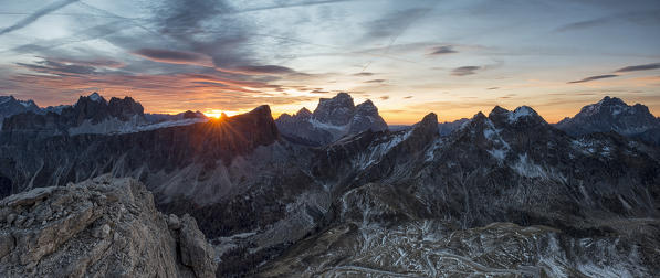 Ra Gusela, Dolomites, Veneto, Italy. Sunrise photographed from the summit of The Ra Gusela