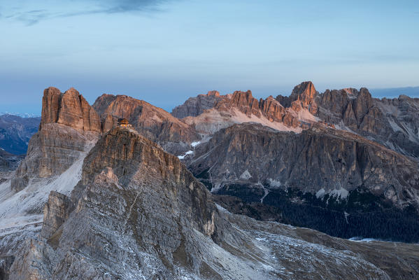 Ra Gusela, Dolomites, Veneto, Italy. Alpenglow on the Peaks of Averau and Nuvolau