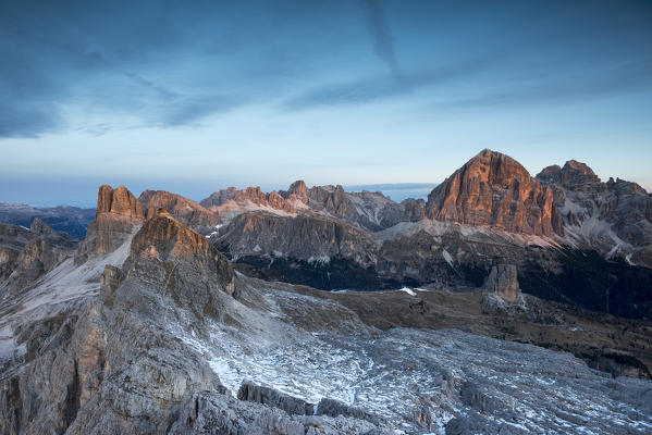Ra Gusela, Dolomites, Veneto, Italy. Alpenglow on the peaks of Averau, Nuvolau and Tofane
