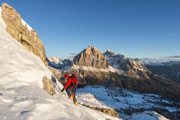 Nuvolau, Dolomites, Veneto, Italy. Mountaineer in the ascent to the Nuvolau