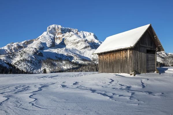 Prato Piazza/Plaetzwiese, Dolomites, South Tyrol, Italy. Winter on the Prato Piazza. In the background the Croda Rossa