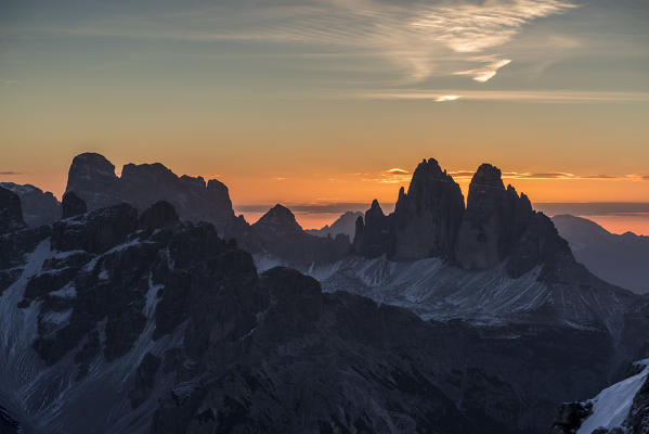 Picco di Vallandro, Prato Piazza, Dolomites, South Tyrol, Italy. Sunrise at the Tre Cime di Lavaredo / Drei Zinnen