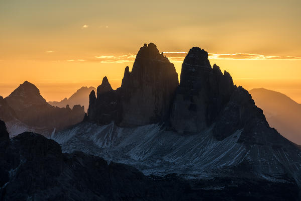 Picco di Vallandro, Prato Piazza, Dolomites, South Tyrol, Italy. Sunrise at the Tre Cime di Lavaredo / Drei Zinnen