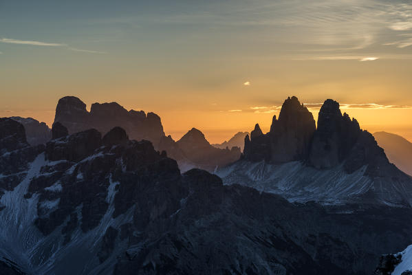 Picco di Vallandro, Prato Piazza, Dolomites, South Tyrol, Italy. Sunrise at the Tre Cime di Lavaredo / Drei Zinnen