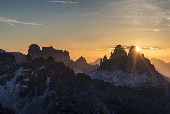 Picco di Vallandro, Prato Piazza, Dolomites, South Tyrol, Italy. Sunrise at the Tre Cime di Lavaredo / Drei Zinnen