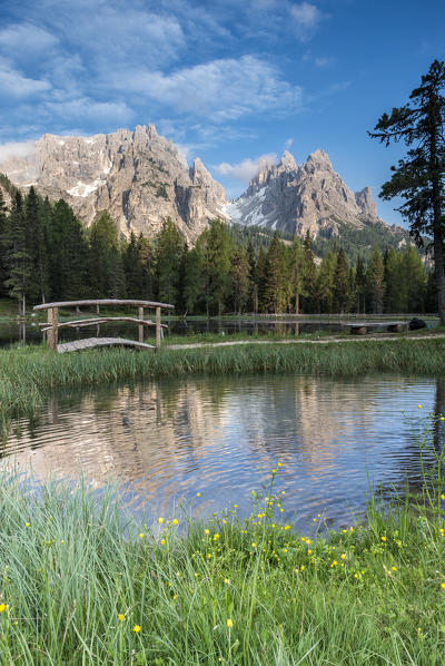 Misurina, Dolomites, Veneto, Italy. The crags of Cadini group are reflected in the lago d'Antorno