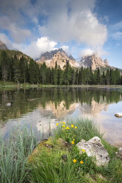 Misurina, Dolomites, Veneto, Italy. The crags of Cadini group are reflected in the lago d'Antorno