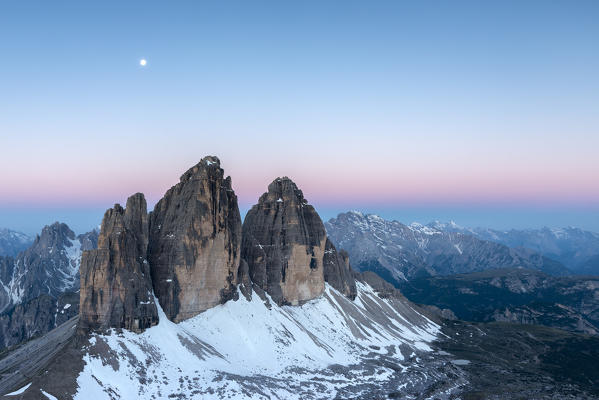 Tre Cime di Lavaredo, Dolomites, South Tyrol, Italy. Twilight over the Tre Cime di Lavaredo / Drei Zinnen