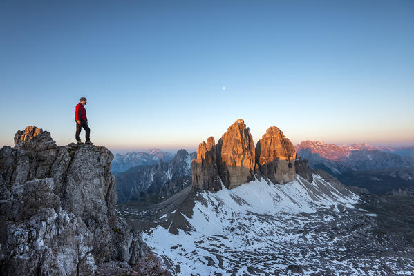 Tre Cime di Lavaredo, Dolomites, South Tyrol, Italy. Sunrise at the Tre Cime di Lavaredo / Drei Zinnen