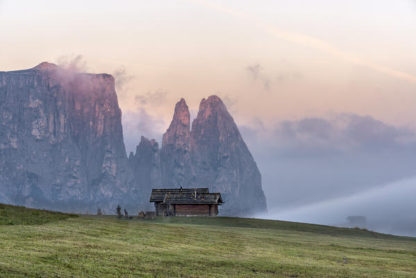 Alpe di Siusi/Seiser Alm, Dolomites, South Tyrol, Italy. Autumn sunrise on the Alpe di Siusi/Seiser Alm. In the background the peaks of Sciliar/Schlern