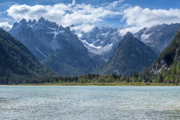 Carbonin, Dolomites, South Tyrol, Italy. Lake Landro with the peaks of the Cistallo group 