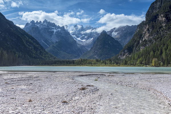 Carbonin, Dolomites, South Tyrol, Italy. Lake Landro with the peaks of the Cistallo group 