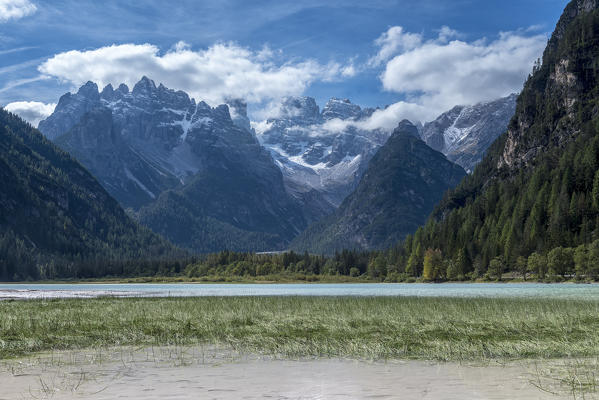 Carbonin, Dolomites, South Tyrol, Italy. Lake Landro with the peaks of the Cistallo group 