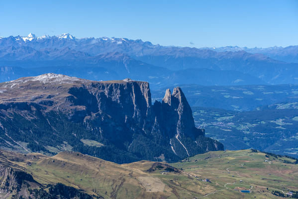 Sassopiatto/Plattkofel, Dolomites, South Tyrol, Italy. View from the summit of the Sassopiatto/Plattkofel to the Mount Sciliar