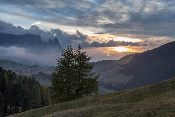 Alpe di Siusi/Seiser Alm, Dolomites, South Tyrol, Italy. Sunset on the Alpe di Siusi/Seiser Alm with the Sciliar/Schlern