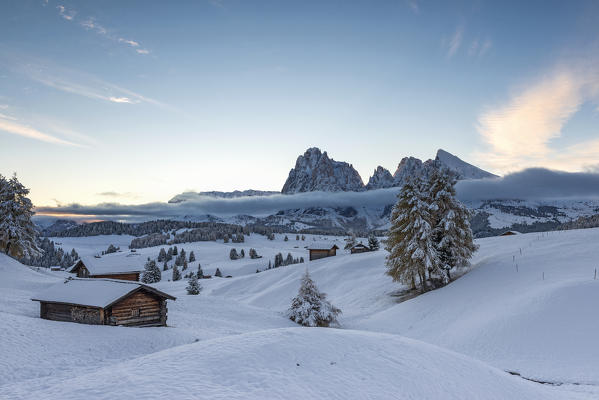 Alpe di Siusi/Seiser Alm, Dolomites, South Tyrol, Italy. The first autumn snow on the Alpe di Siusi/Seiser Alm