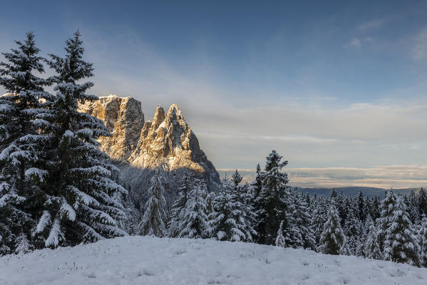 Alpe di Siusi/Seiser Alm, Dolomites, South Tyrol, Italy. The first autumn snow on the Alpe di Siusi/Seiser Alm