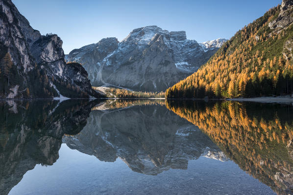 Braies / Prags, Dolomites, South Tyrol, Italy. The Lake Braies / Pragser Wildsee