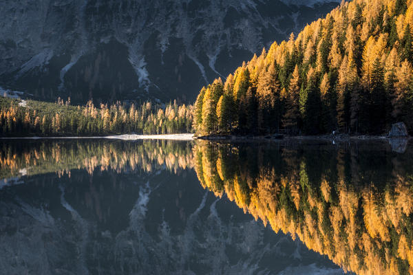 Braies / Prags, Dolomites, South Tyrol, Italy. The Lake Braies / Pragser Wildsee