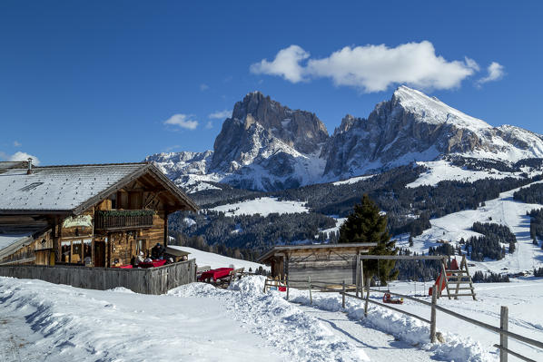 Alpe di Siusi/Seiser Alm, Dolomites, South Tyrol, Italy. The Rauch mountain hut