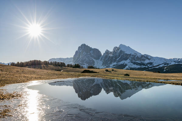 Alpe di Siusi/Seiser Alm, Dolomites, South Tyrol, Italy. Reflections on the Alpe di Siusi/Seiser Alm