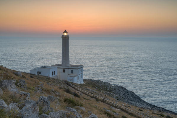 Otranto, province of Lecce, Salento, Apulia, Italy. Dawn at the lighthouse Faro della Palascìa. This lighthouse marks the most easterly point of the Italian mainland.