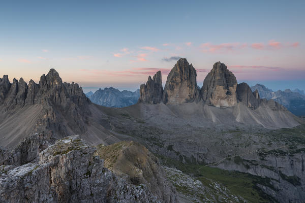 Sesto/Sexten, Dolomites, South Tyrol, Italy. Dawne over the Tre Cime di Lavaredo/Drei Zinnen. Taken from the summit of Torre di Toblin/Toblinger Knoten