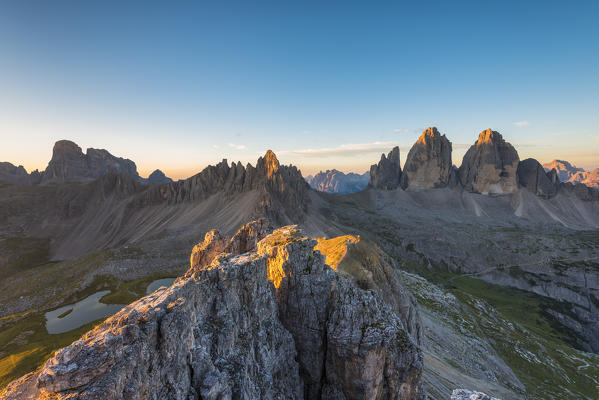 Sesto/Sexten, Dolomites, South Tyrol, Italy. Sunrise over the Tre Cime di Lavaredo/Drei Zinnen. Taken from the summit of Torre di Toblin/Toblinger Knoten