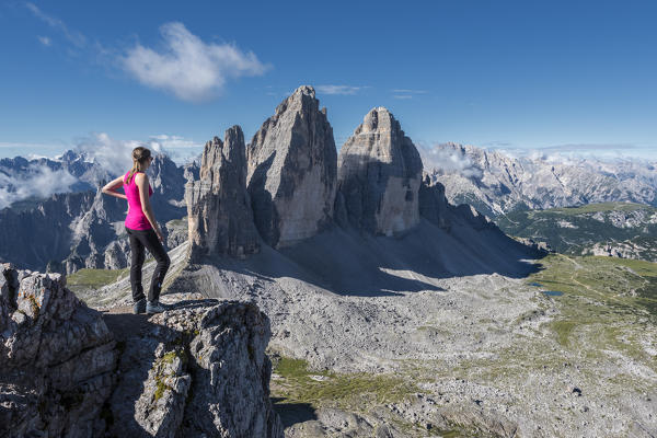 Sesto/Sexten, Dolomites, South Tyrol, province of Bolzano, Italy. View from the summit of Monte Paterno/Paternkofel on the Tre Cime di Lavaredo/Drei Zinnen