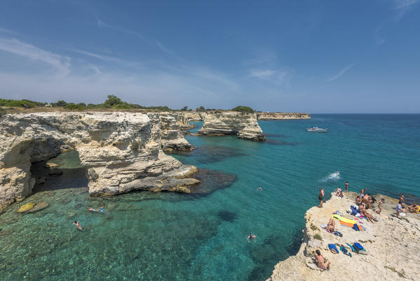 Melendugno, province of Lecce, Salento, Apulia, Italy. The Faraglioni in Torre Sant'Andrea