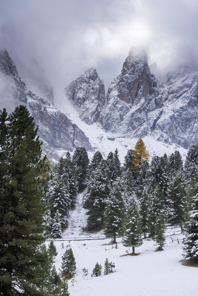 Funes Valley, Dolomites, South Tyrol, Italy. First snow in autumn