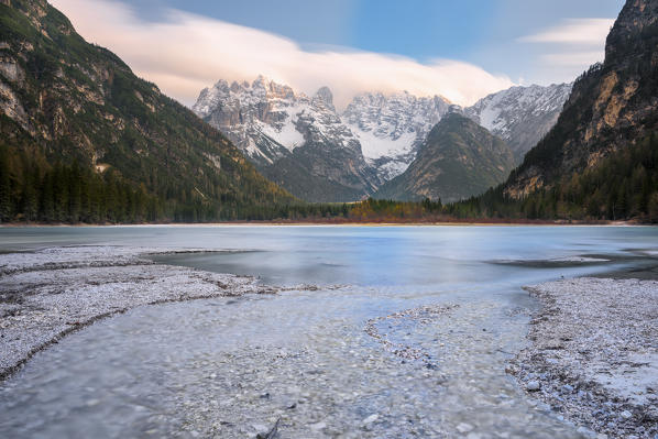 Carbonin, Dolomites, South Tyrol, Italy. Lake Landro with the peaks of the Cistallo group 