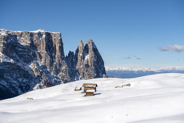 Alpe di Siusi/Seiser Alm, Dolomites, South Tyrol, Italy. Winter landscape on the Alpe di Siusi/Seiser Alm with the peaks of Euringer and Santner