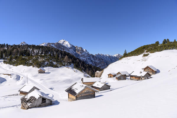 San Vigilio di Marebbe, Sennes, Dolomites, Bolzano province, South Tyrol, Italy. The mountain huts of Fodara Vedla