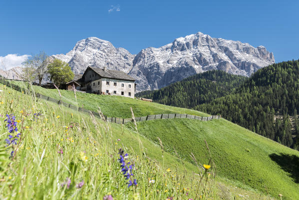 La Valle / Wengen, Alta Badia, Bolzano province, South Tyrol, Italy. Old farm before the peaks of Cima Nove / Neunerspitze and Cima Dieci / Zehnerspitze.
