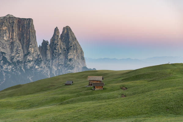 Alpe di Siusi/Seiser Alm, Dolomites, South Tyrol, Italy. Sunrise on the Alpe di Siusi