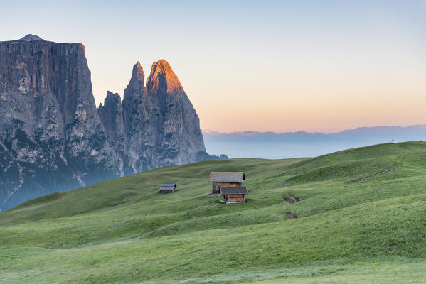 Alpe di Siusi/Seiser Alm, Dolomites, South Tyrol, Italy. Sunrise on the Alpe di Siusi