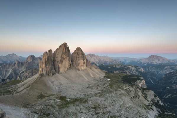 Sesto / Sexten, province of Bolzano, Dolomites, South Tyrol, Italy. The Three Peaks of Lavaredo in the twilight