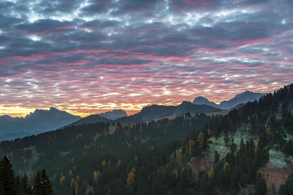 Passo delle Erbe/Wuerzjoch, Dolomites, province of Bolzano, South Tyrol, Italy. Sunrise at Passo delle Erbe