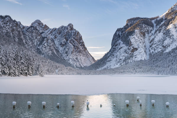 Dobbiaco/Toblach, province of Bolzano, South Tyrol, Italy. Winter at the Lake Dobbiaco