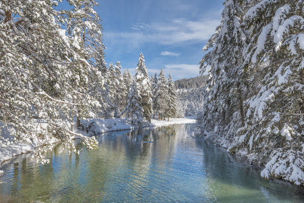 Dobbiaco/Toblach, province of Bolzano, South Tyrol, Italy. Winter at the Lake Dobbiaco