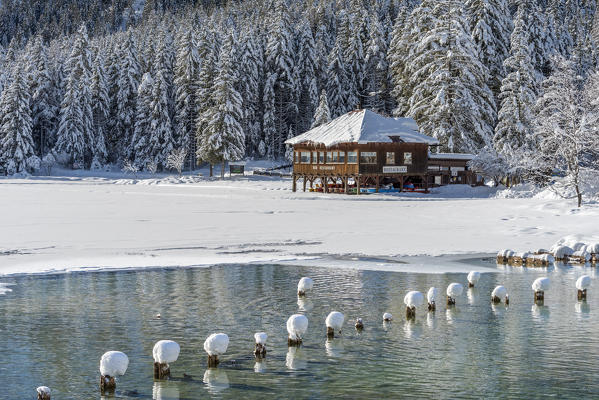 Dobbiaco/Toblach, province of Bolzano, South Tyrol, Italy. Winter at the Lake Dobbiaco