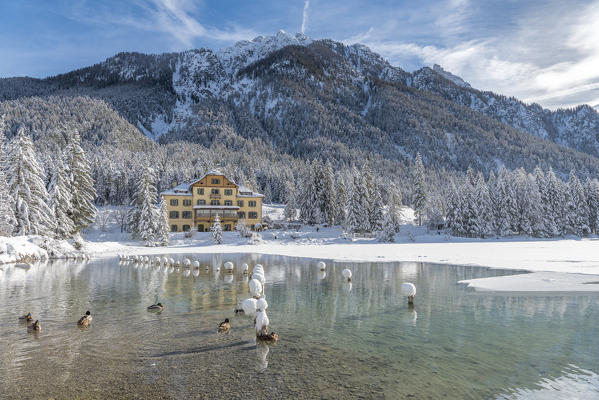 Dobbiaco/Toblach, province of Bolzano, South Tyrol, Italy. Winter at the Lake Dobbiaco