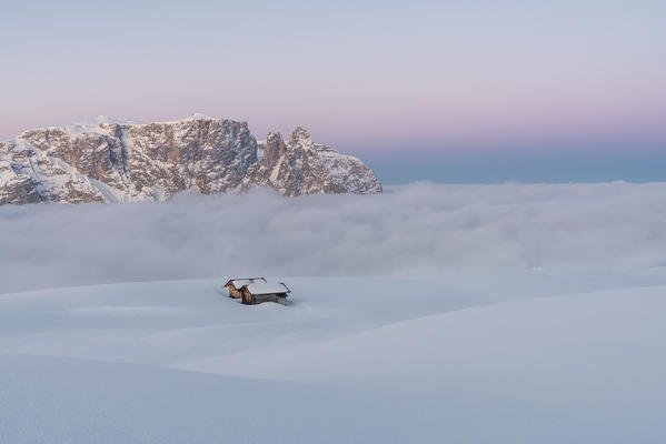 Alpe di Siusi/Seiser Alm, Dolomites, South Tyrol, Italy. Dawn on the plateau of Bullaccia/Puflatsch. In the background the peaks of Sciliar/Schlern