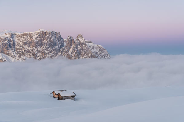 Alpe di Siusi/Seiser Alm, Dolomites, South Tyrol, Italy. Dawn on the plateau of Bullaccia/Puflatsch. In the background the peaks of Sciliar/Schlern